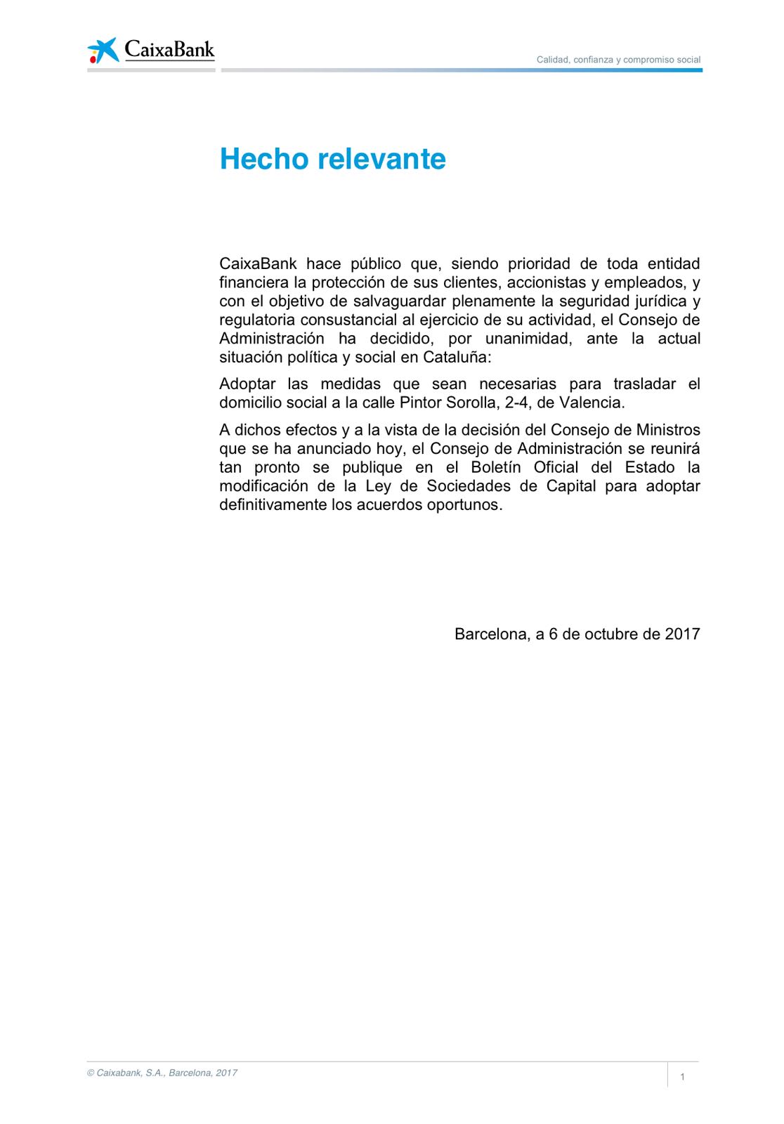 Comunicado de Caixabank en el que anuncia el cambio de su sede a Valencia. 