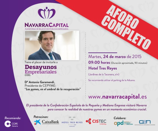 Antonio Garamendi (CEPYME) protagonizará mañana una nueva edición de los 'Desayunos Empresariales' de Navarra Capital