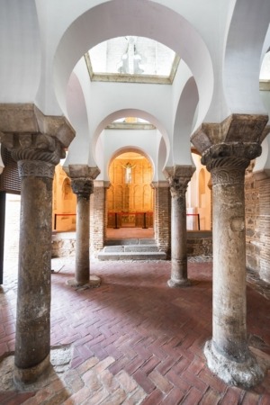 Toledo, Spain - December 16, 2018: Interior of the Mosque of Cristo de la Luz, Toledo, Castilla la Mancha, Spain.