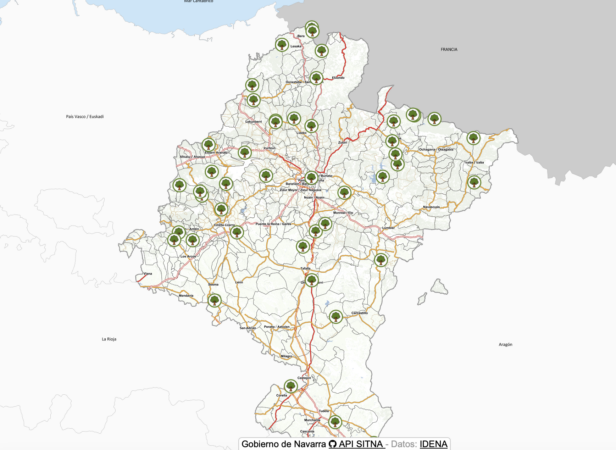 Mapa que muestra la ubicación de los 47 Monumentos Naturales de Navarra. 