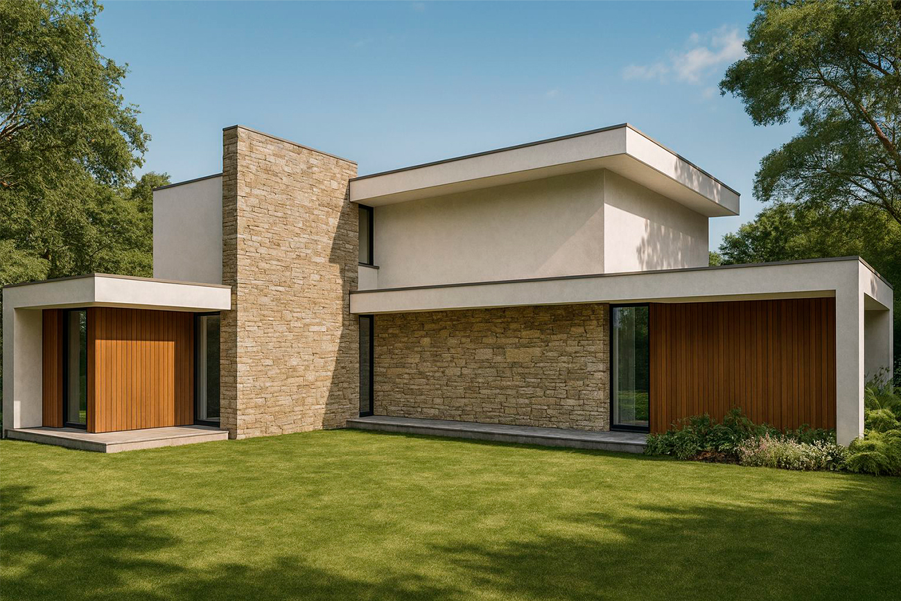 Este diseño muestra una vivienda construida con paneles de madera y acabados en chapas de piedras y en mortero de hormigón.