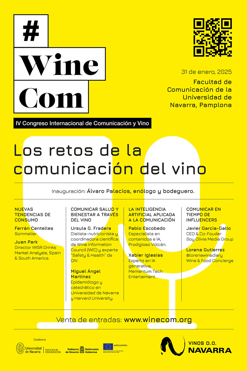 La cuarta edición de #WineCom se celebrará el 31 de enero en la Facultad de Comunicación de la Universidad de Navarra.